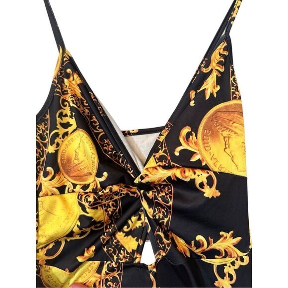 Soho Chic Keyhole Coin Print Sleeveless Black Gold One Piece Jumpsuit Size Small - Picture 3 of 4